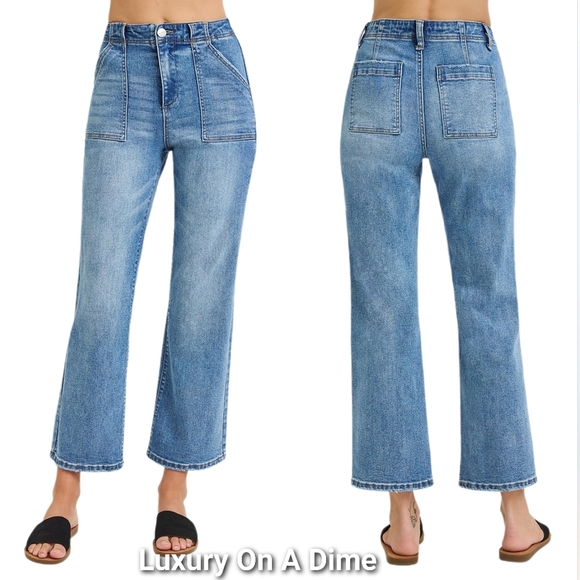 RISEN High-Rise Bootcut Cropped Ankle Mom Jeans 90s Patch Pocket Denim Pants - Picture 1 of 13